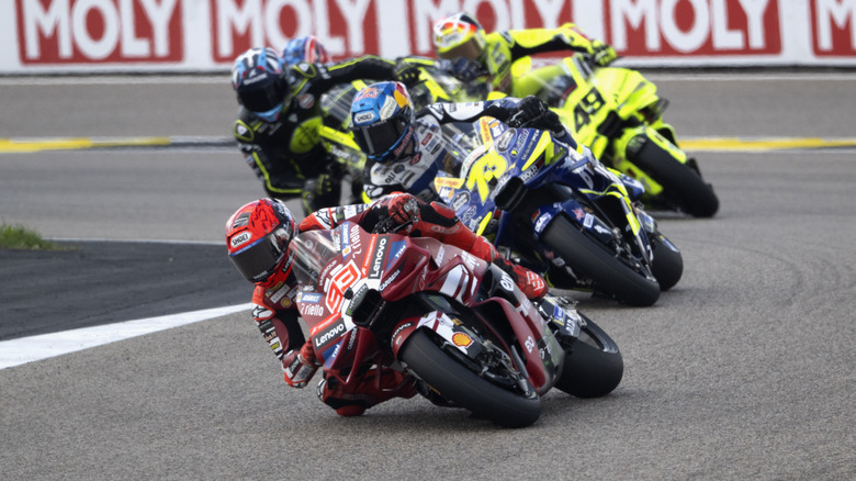 HOHENSTEIN-ERNSTTHAL, GERMANY - JULY 12: Marc Marquez of Spain and Ducati Lenovo Team leads the field during the MotoGP race during the MotoGP Of Germany - Race at Sachsenring Circuit on July 12, 2026 in Hohenstein-Ernstthal, Germany. (Photo by Mirco Lazzari gp/Getty Images)