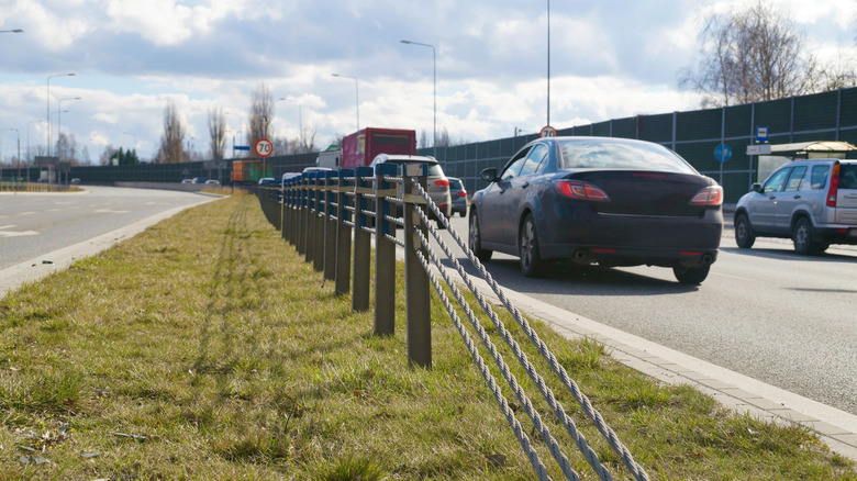 Close up of steel cables for highway cable median barrier