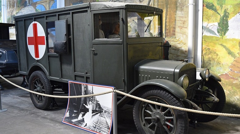 A GMC Model 16 WW1 ambulance in a museum