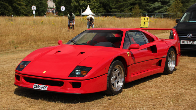 A red Ferrari F40 in a grass field