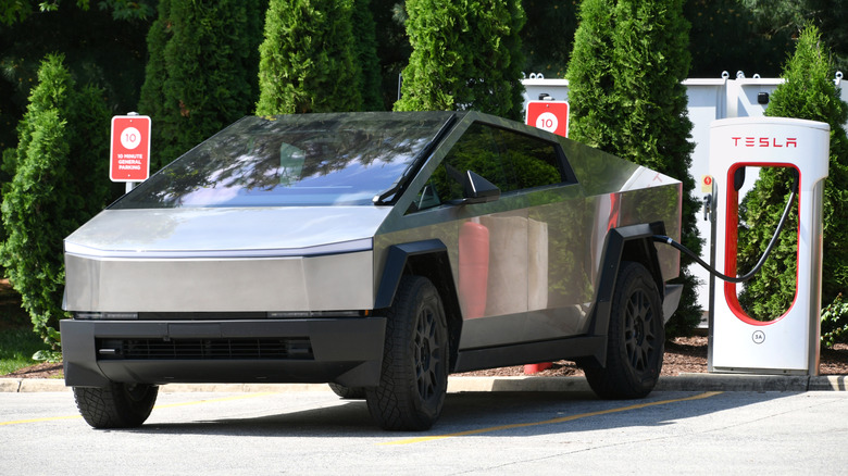 Tesla Cybertruck EV electric vehicle plugged in and charging. Staunton, VA May 12 2024