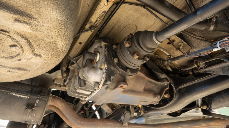 A vehicle's underbody, showing the rear differential