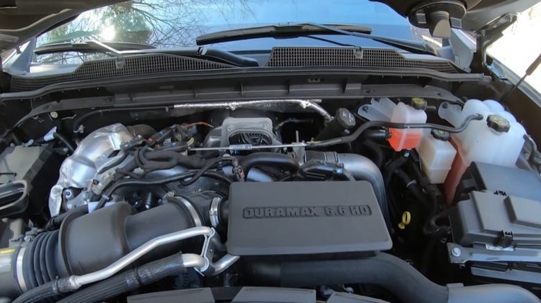 6.6 Duramax L5P V8 sitting in the engine bay of a 2024 Chevy Silverado 2500 High Country