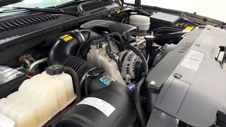 6.6 Duramax LBZ V8 sitting in the engine bay of a Chevy Silverado 2500 HD