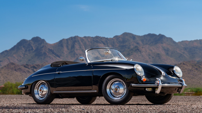 Side shot of a black Porsche 356 Super B Roadster