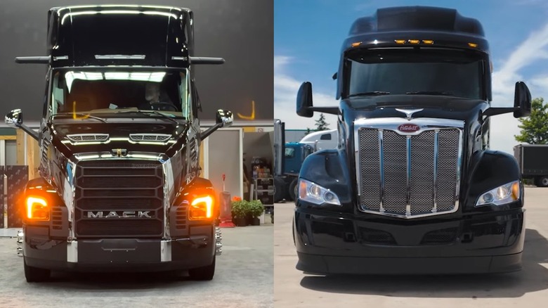 A Mack Pioneer and a Peterbilt 579 side-by-side in black