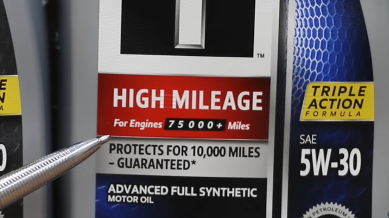 The front label of a high-mileage oil.