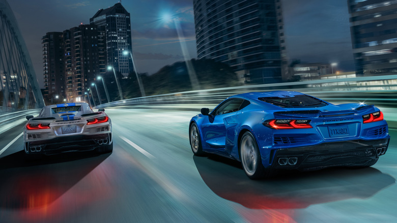 Rear view of two Chevy Corvette E-Rays