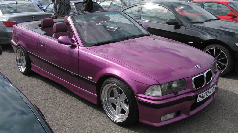 A purple BMW M3 convertible