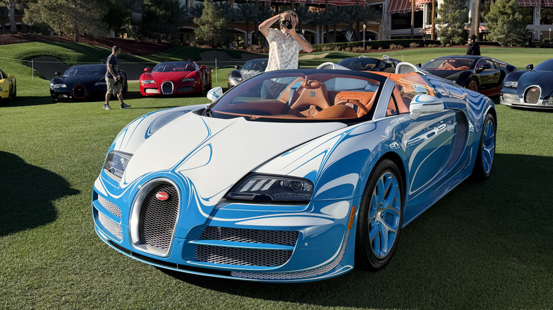 Front 3/4 view of a white and blue Bugatti Veyron
