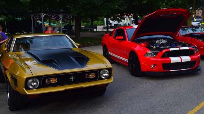 A vintage 1971-1973 gold and black Ford Mustang sitting next to a modern red and white striped Ford Mustang Shelby GT500 with its hood open at a car show