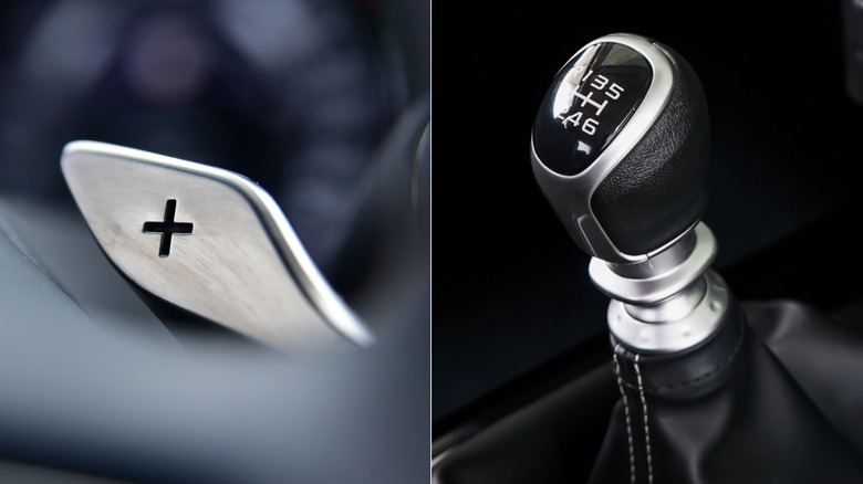 A dual-clutch transmission's steering wheel paddle shifter, and the stick shift lever of a manual single clutch transmission.