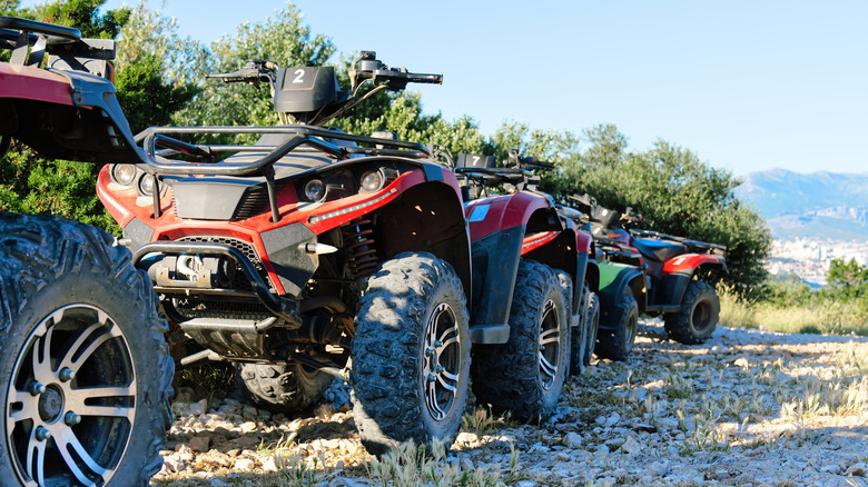 Parked ATVs in a row on a mountain road