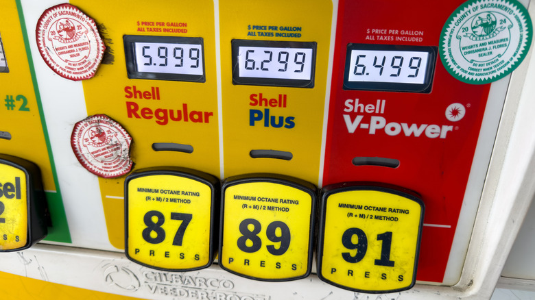 A selection of gasoline at a common American Shell fuel pump.