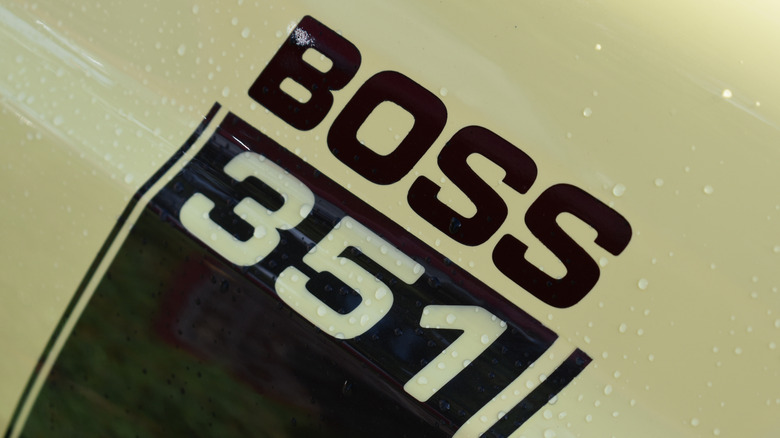 A closeup of the BOSS 351 graphic on a 1971 Ford Mustang Boss 351