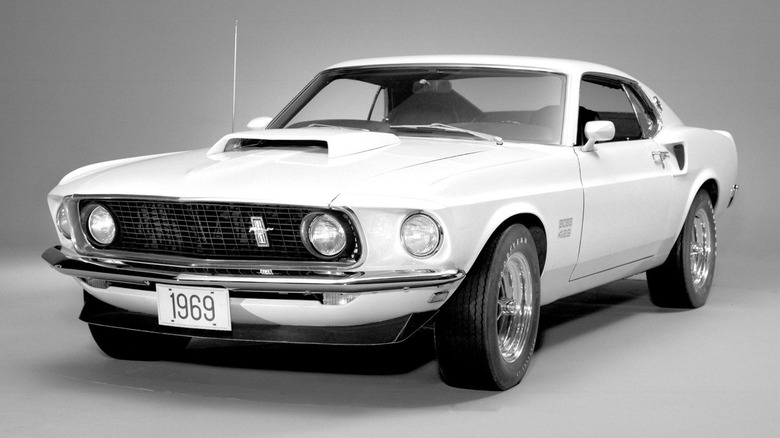 A black-and-white photo of a 1969 Ford Mustang Boss 429