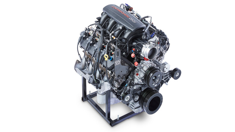 A Megazilla Ford engine on a stand against a white background