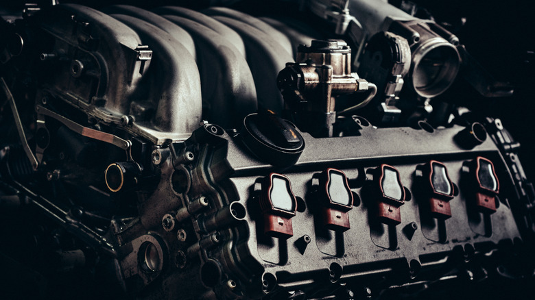 A direct-injected Audi V10 engine undergoing maintenance