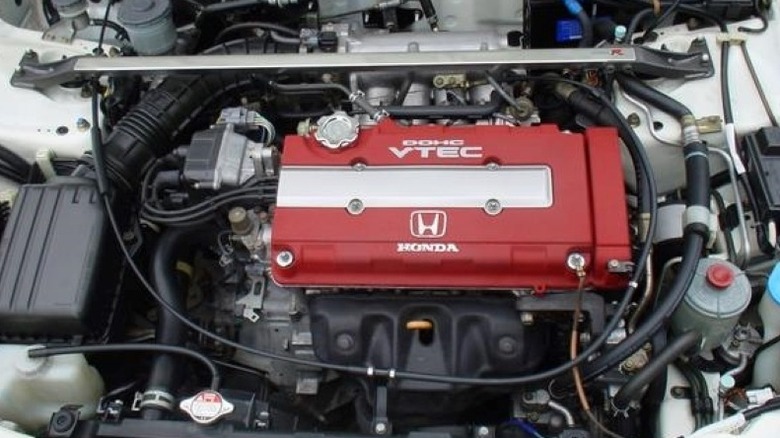 Engine bay of a Japanese-market Honda Integra featuring the Honda B18C VTEC engine