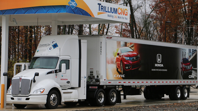 A semi truck filling up at a Honda-backed CNG filling station in Troy, Ohio