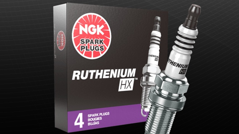 An NGK ruthenium spark plug on display.