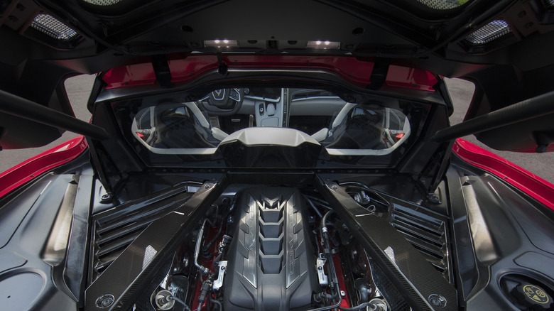 A Chevrolet LT2 6.2-liter V8 in the open engine bay of the 2020 Chevrolet Corvette Stingray