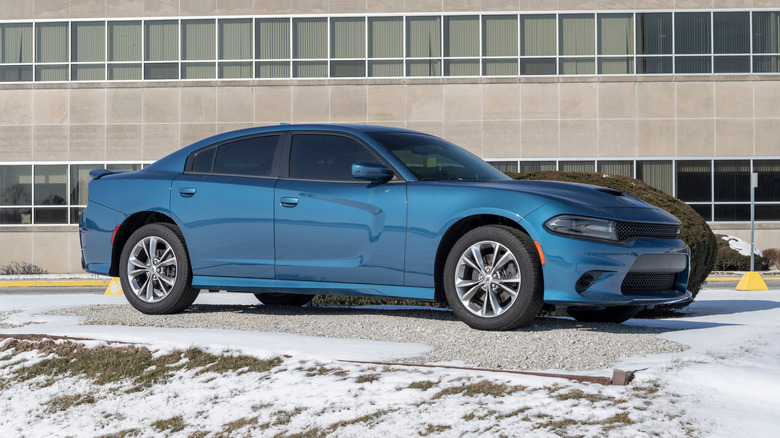 Kokomo - Circa January 2022: Dodge Charger display at the Chrysler Transmission plant in snow. The Stellantis subsidiaries of FCA are Chrysler, Dodge, Jeep, and Ram.