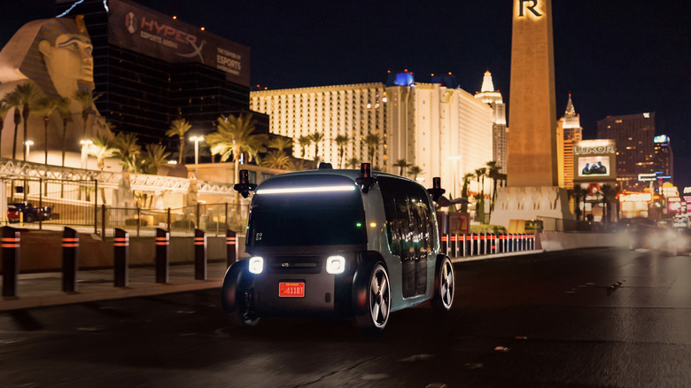 A zoox robotaxi driving down the Las Vegas Strip