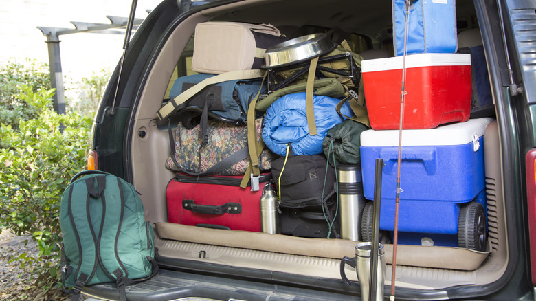 Vehicle fully packed for a hiking and camping trip. Dog bowl included. Fishing rod and rifle included.