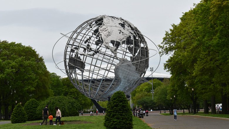 The Unisphere in the Flushing Meadows Corona Park. The unisphere is a stainless steel structure shaped into a 3D image of the globe or earth.