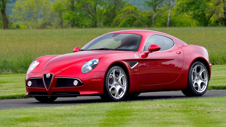 Front 3/4 view of a red Alfa Romeo 8C Competizione