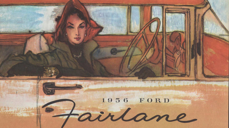 The cover to a booklet on the 1956 Ford Fairlane featuring a hand drawn sketch of the fairlane, close up, with a stylish woman wearing a hat looking out the window of the passenger's side.
