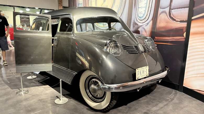 A grey, unrestored Stout Scarab on display at the Gilmore Car Museum in Hickory Corners, Michigan.