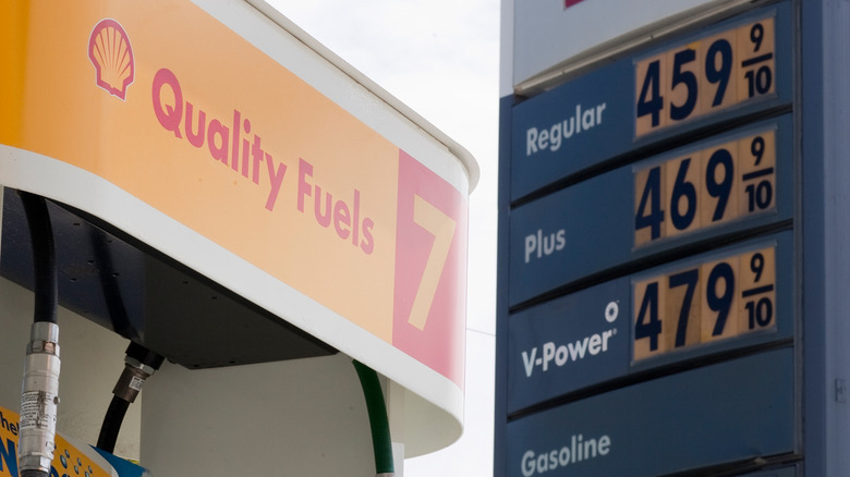 A sign showing the price for gasoline is displayed at a Shell gas station on April 27, 2011 in San Francisco, California.