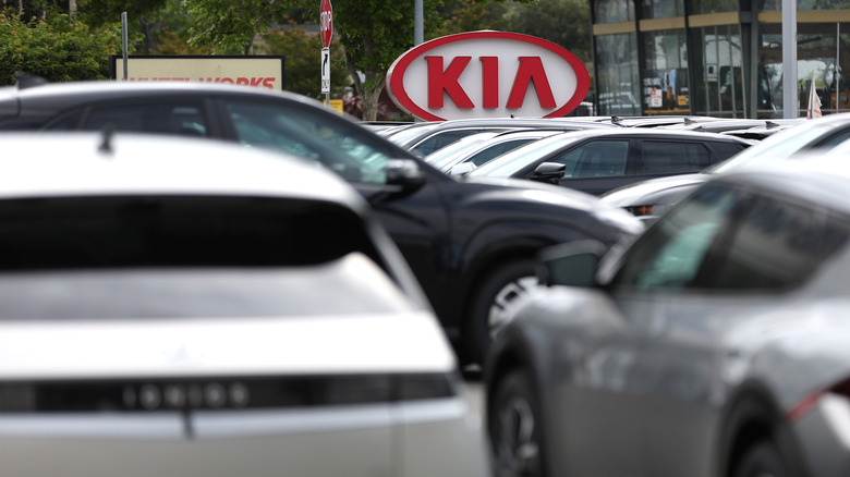 New Kia cars are displayed on the sales lot at San Leandro Kia on May 30, 2023 in San Leandro, California.