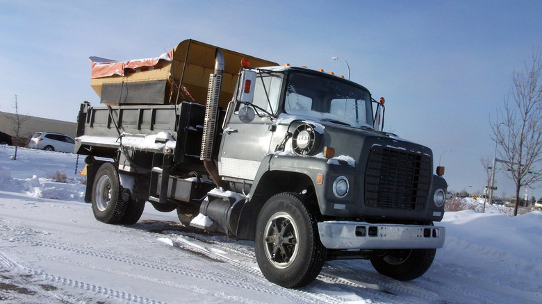 A Ford L-Series truck in the snow