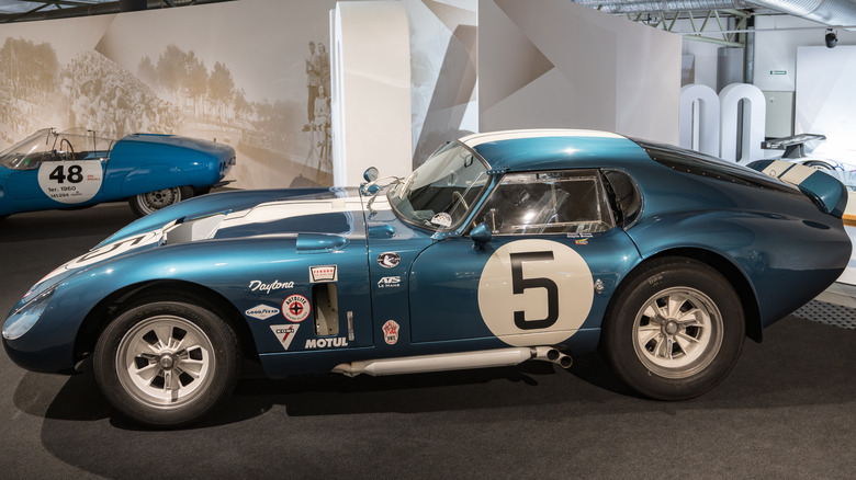 A blue, number 5, Shelby Cobra Daytona Coupe