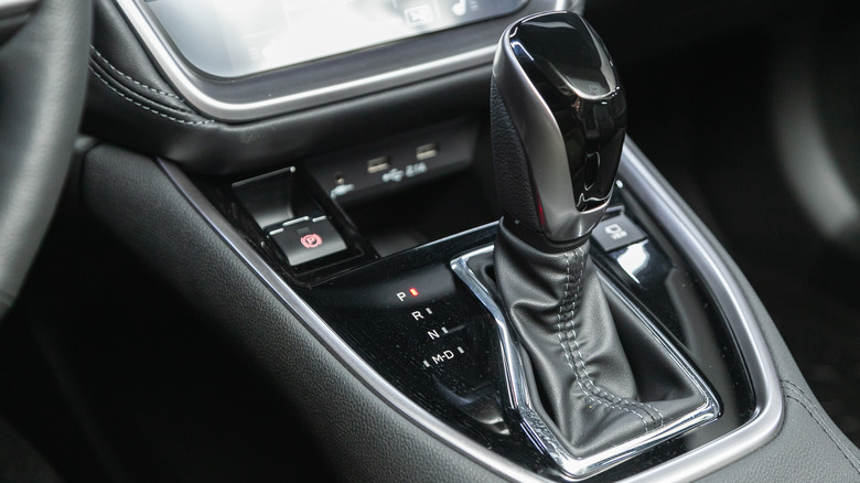 Photo of a 2021 Subaru Outback interior, showing the automatic transmission gear shifter.