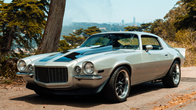 A silver second-generation Chevy Corvette basks in the sun in a wooded setting with an urban area in the background.