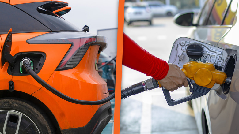 An EV fills up on electricity while a gas car fills up on gas