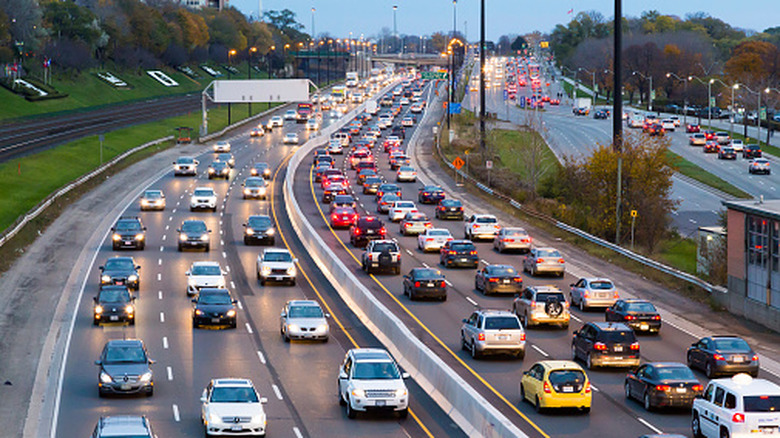 Vehicles in rush hour traffic on a Canadian highway