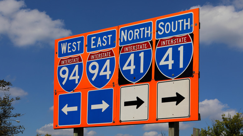 Interstate 94 West, Interstate 94 East, Interstate 41 North and Interstate 41 South signage on Bluemound Road in Milwaukee, Wisconsin on September 14, 2018.
