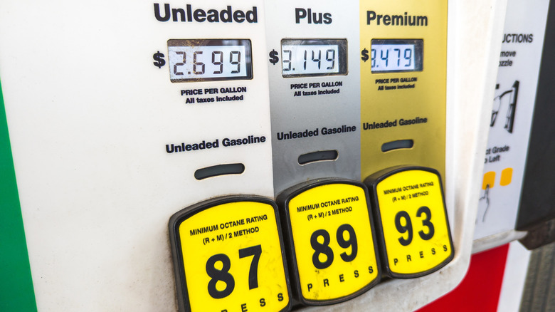 A fuel pump displaying three grades of gasoline