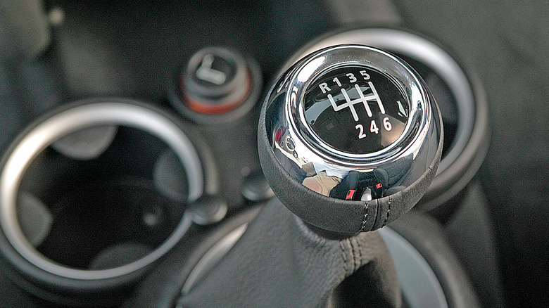 A stick shift in a MINI Cooper S.