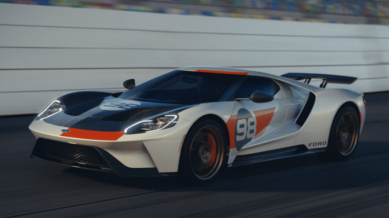Front-quarter shot of a 2021 Ford GT Heritage Edition