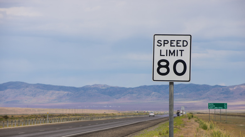 An 80 mph speed limit sign on the highway in Utah.