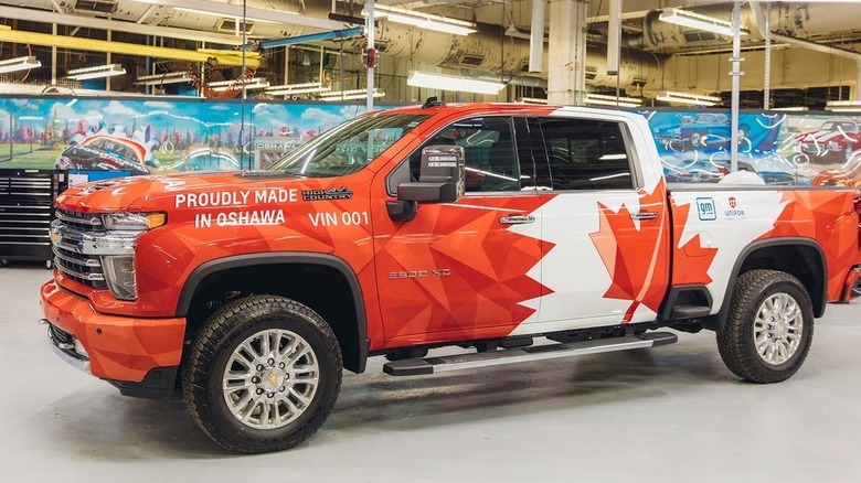 A custom-wrapped Chevrolet Silverado pickup truck at the Oshawa plant