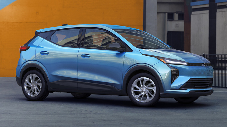 A front 3/4 view of a Bolt EV LT in Marina Blue