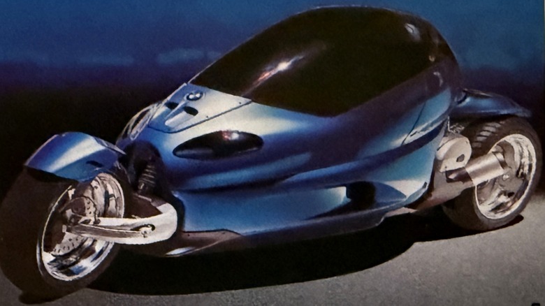 Image from a BMW Motorcycle catalogue (1993) of BMW's C1 cycle concept, an enclosed capsule set between two wide-set wheels.