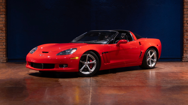 Three-quarter view of a red Chevrolet Corvette C6
